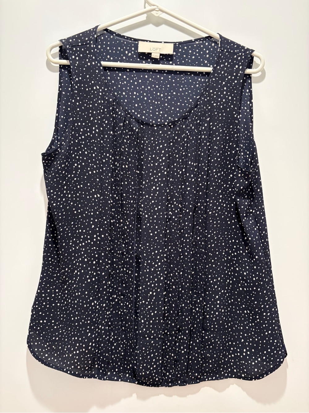 LOFT Navy and White Polka Dot Sleeveless Pleated Front Top
